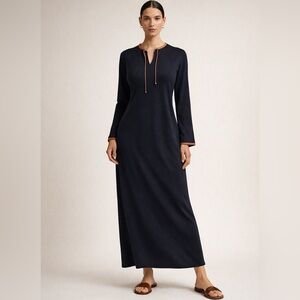 Ralph Lauren Minimalist Navy Maxi Dress Leather Trim Lace Long Sleeve Large Tall